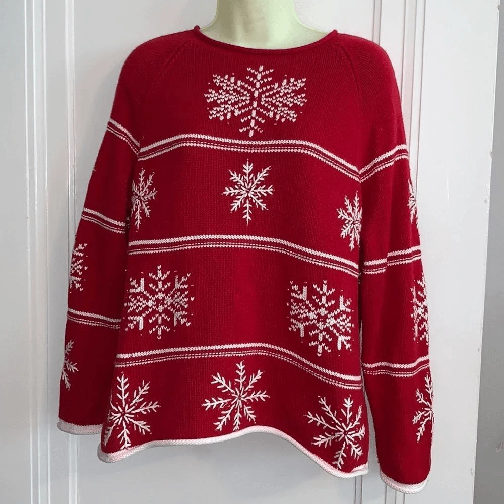 Red sweater with white snowflakes sale