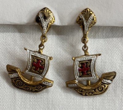 Vtg Damascene Earrings  Gold Tone Clip Back Ship With Sails Marked Spain