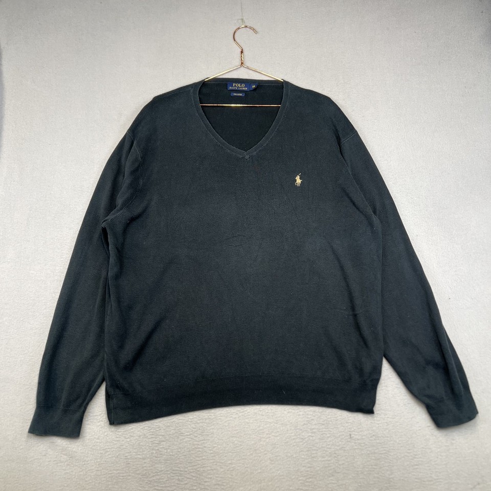 Polo Ralph Lauren V Neck Jumper Mens XXL Black Pima Cotton Gold Pony