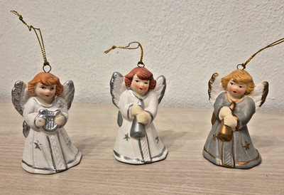 3 Weihnachts-Engel mit Glöckchen Weihnachts-Deko Porzellan Christbaum-Schmuck