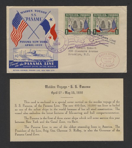1939 Cachet Postal Cover MAIDEN VOYAGE S.S. PANAMA Ship Colon to NYC, with Card - Afbeelding 1 van 3