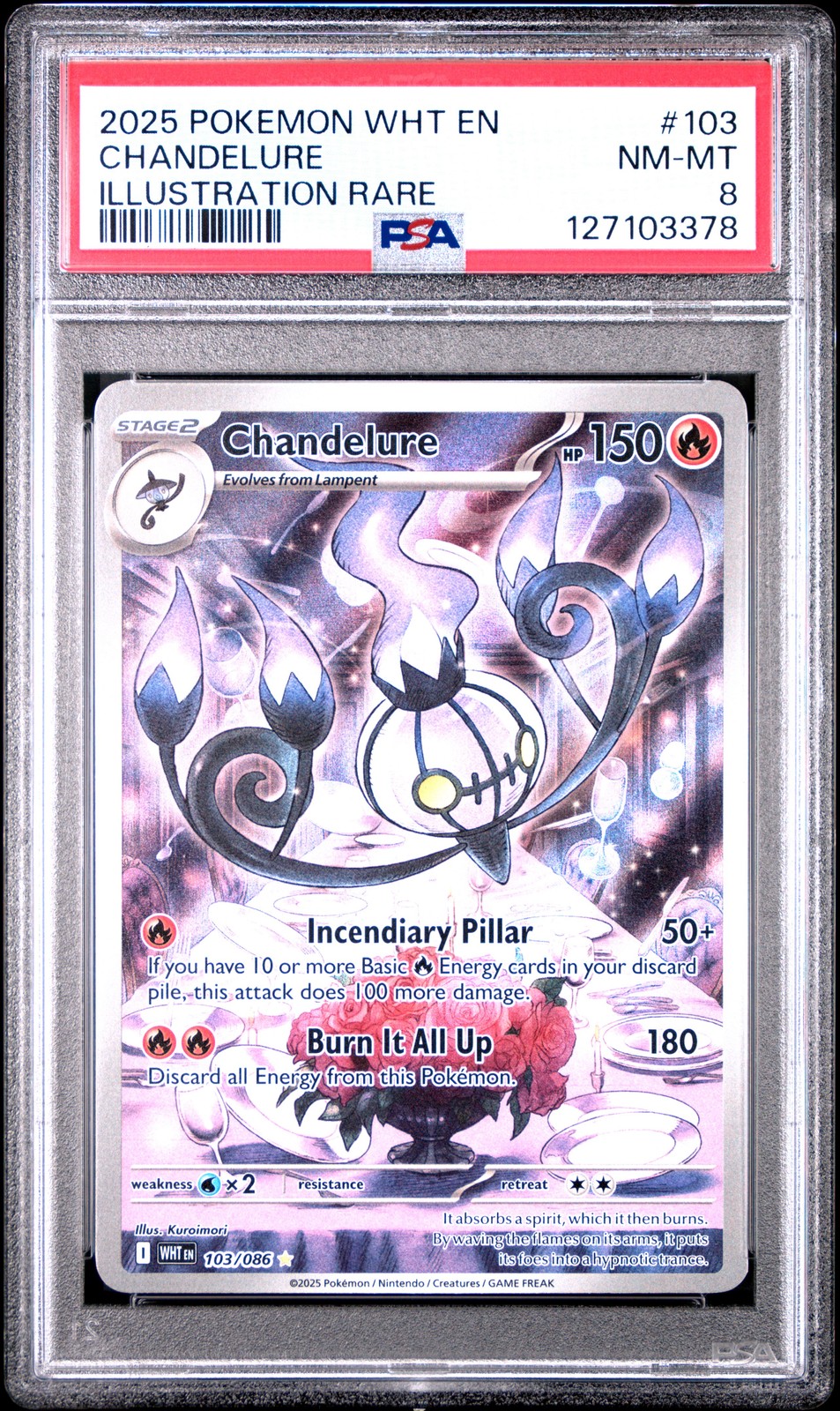 2025 POKEMON WHT EN-WHITE FLARE ILLUSTRATION RARE #103 CHANDELURE PSA 8