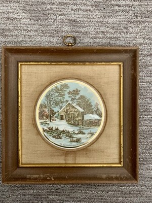 Vintage Currier & Ives  The Old Homestead In Winter Framed Porcelain Wall Plaque