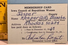 1967 Iowa Council of Republican Woman Membership Card.