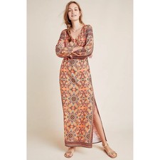 Farm Rio for Anthropologie Orange Medallion Print V-Neck Maxi Dress Large L