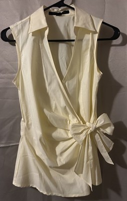Express Design Studio Pale Yellow Solid Collared Sleeveless Wrap Tie Blouse S