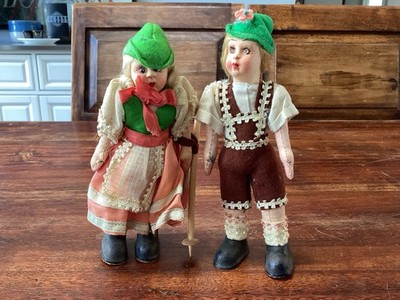 Vintage Italian Painted Face, Felt And Cloth  Boy And Girl Doll, Italy