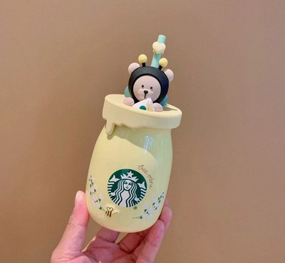 Starbucks China 2021 Little Bee kawaii 11oz Ceramic Straw Cup with Bear Lid