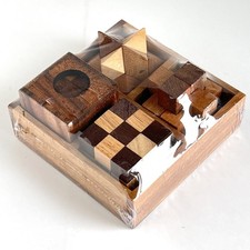 4 Unique Wood Brain Teaser Puzzles In Wood Box Small Thailand New Sealed