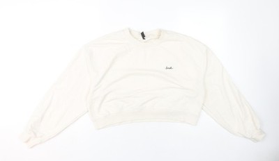 H&M elfenbeinfarbenes Damen Sweatshirt, Größe 12, lässiger Logo-Stil