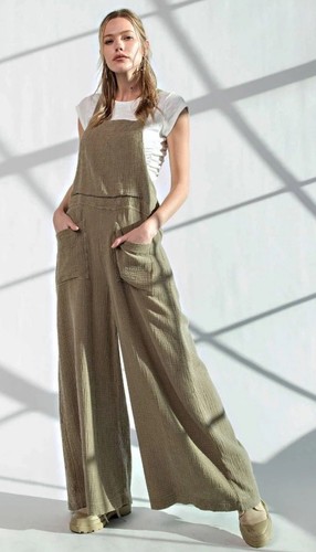 Easel Olive Green Cotton Gauze Boho Wide Leg Jumpsuit Overalls Large