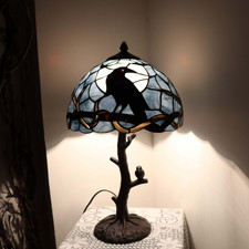 L10956 Raven Sitting on Bare Tree Branch in Full Moon Night Tiffany Style Sta...