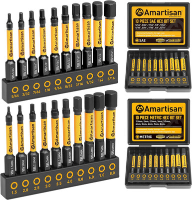 20-Piece Hex Head Allen Wrench Drill Bit Set, Metric and SAE S2 Steel Hex Bits S