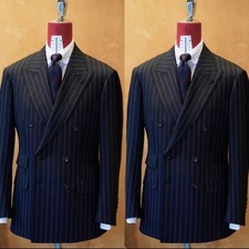 Peak Lapel Men Suit Black Striped Business Tuxedo Formal Double Breasted Jacket