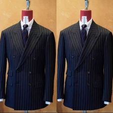 Peak Lapel Men Suit Black Striped Business Tuxedo Formal Double Breasted Jacket