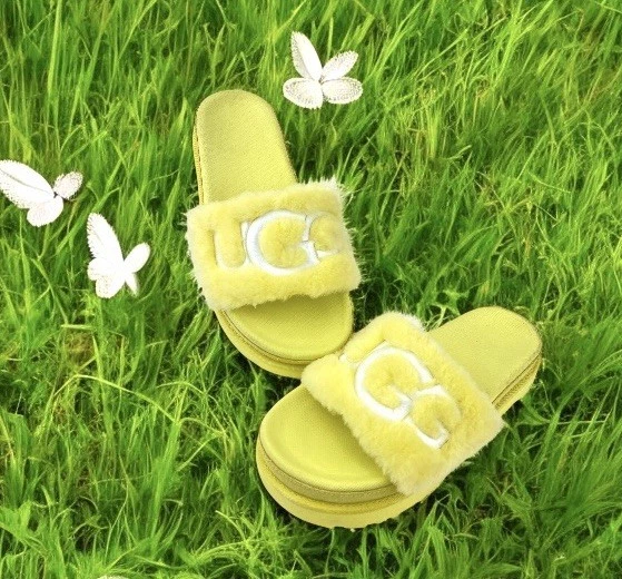 Sandali ciabatte Ugg Laton pelliccia sintetica scamosciata peluche giallo bianco tg. 9