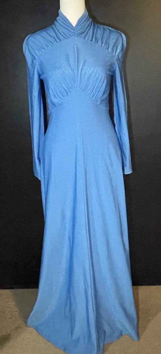 Vintage 70s Style Blue Maxi Dress Mock Neck Long Sleeve Stretch XSLeft Seam Flaw