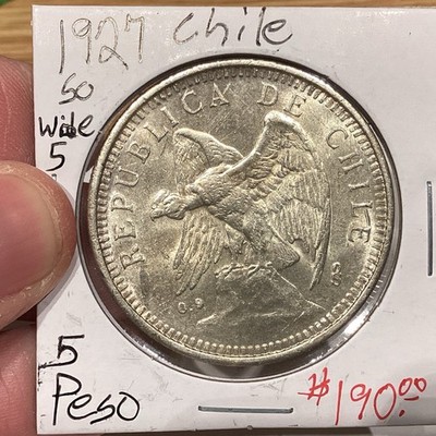 Chile 1927 Santiago 5 Pesos Wide 5 Unc