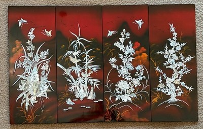 Vintage Mother of Pearl Asian Wall Art Panels - Floral- Dark Red to Black - 7x19