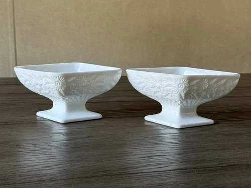 Vintage Pair of Indiana Milk Glass Floral Diamond Compote Candy Nut Dishes