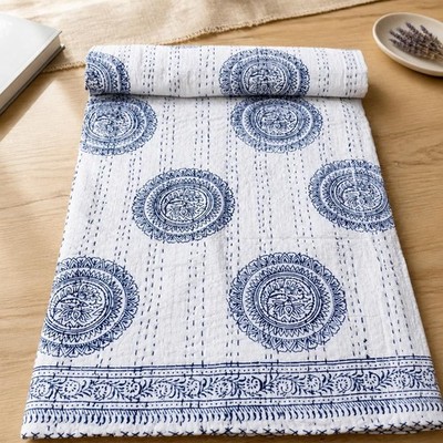 Handcrafted Kantha Cotton Quilt Bold Multicolor Floral Stitching Artisan Throw