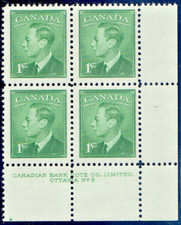 CANADA SC#284 KING GEORGE VI 1949 1¢ GREEN MNH PL#8 LR (234V26)