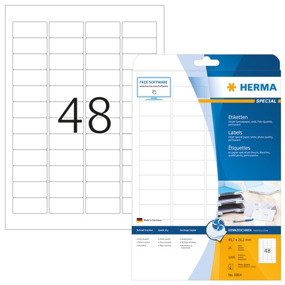 Herma 8864 Inkjet-Etiketten A4 45,7X21,2 Mm Weiß Papier Matt 1200 St.-image