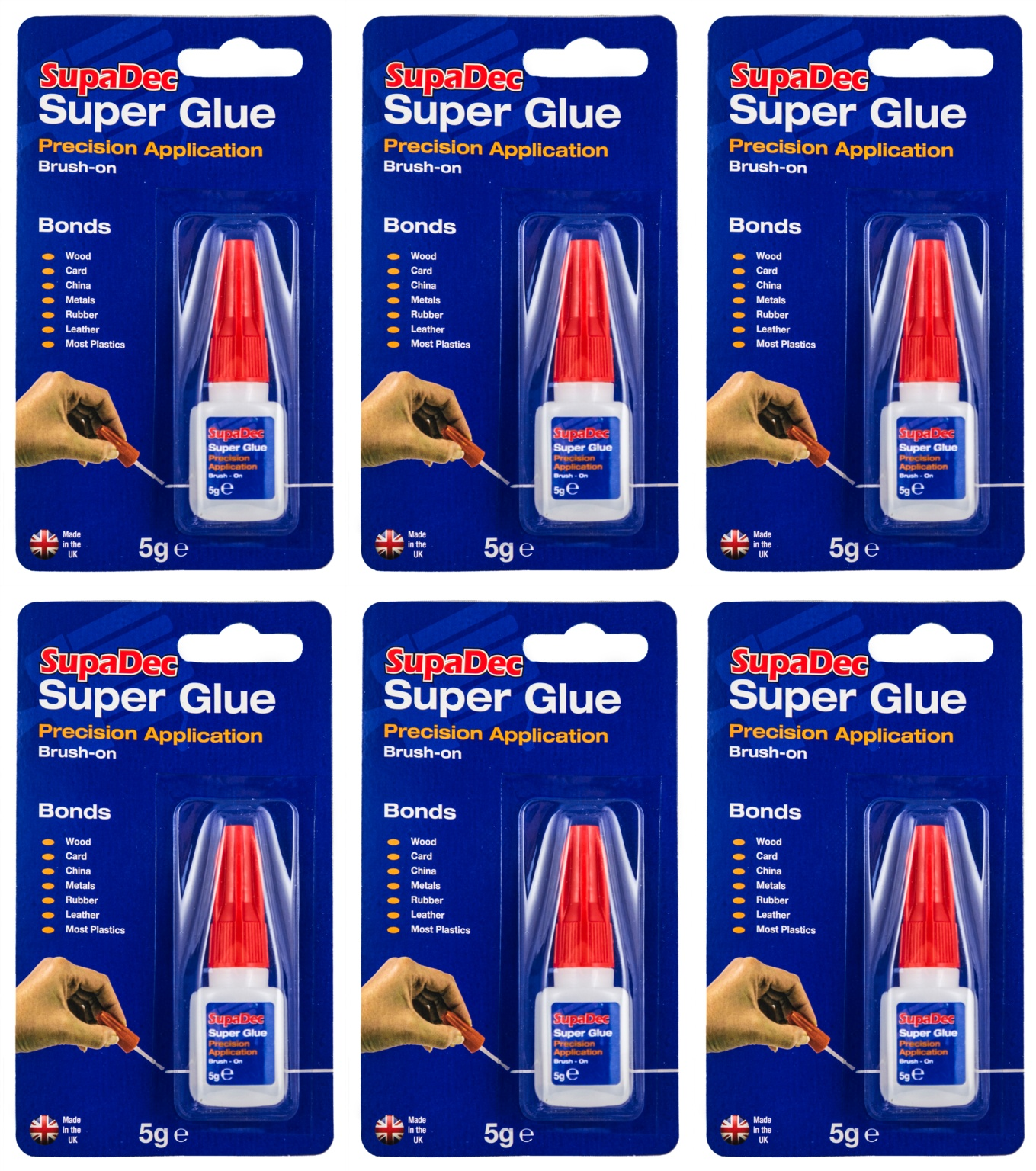 6x SupaDec Brush On Super Glue Adhesive Brush Applicator Wood Metal Plastics 5g