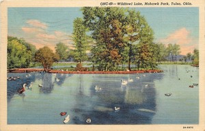 Wildfowl-Lake-Mohawk-Park-Tulsa-OK-Linen-PM-1948-Oklahoma-Postcard