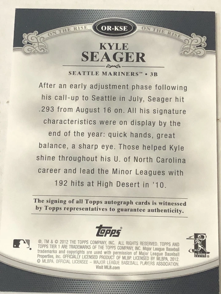 Kyle Seager 2012 Topps Tier One Silver Autographed Signed 7/25 OR-KSE - Image 2 of 2