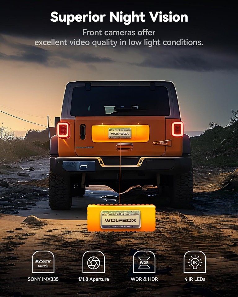 WOLFBOX I17 4K Caméra Pour Voiture 3 Canaux, WiFi 5.8GHz & GPS Avec Carte 64GB, 4K+1080P+1080P Caméra Avant Arrière Intérieure, Écran 3", Vision Nocturne IR, WDR, Mode Parking 24H