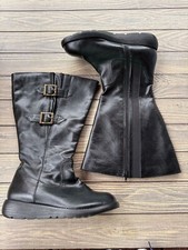 Black Faux Leather Knee-High Boots W/ Buckle Details  Side Zipper US 9 / EU 40