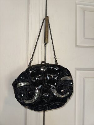 Vintage New Carlo Fellins Black Silver Gold Sequin Evening Bag