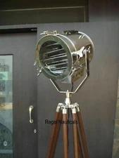 NAUTICAL REPRODUCTION SPOT SEARCH LIGHT SPOTLIGHT W/FLOOR WOODEN TRIPOD STAND ..