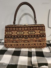 Vintage Tapestry Carpet Bag Purse Top Handle Brown