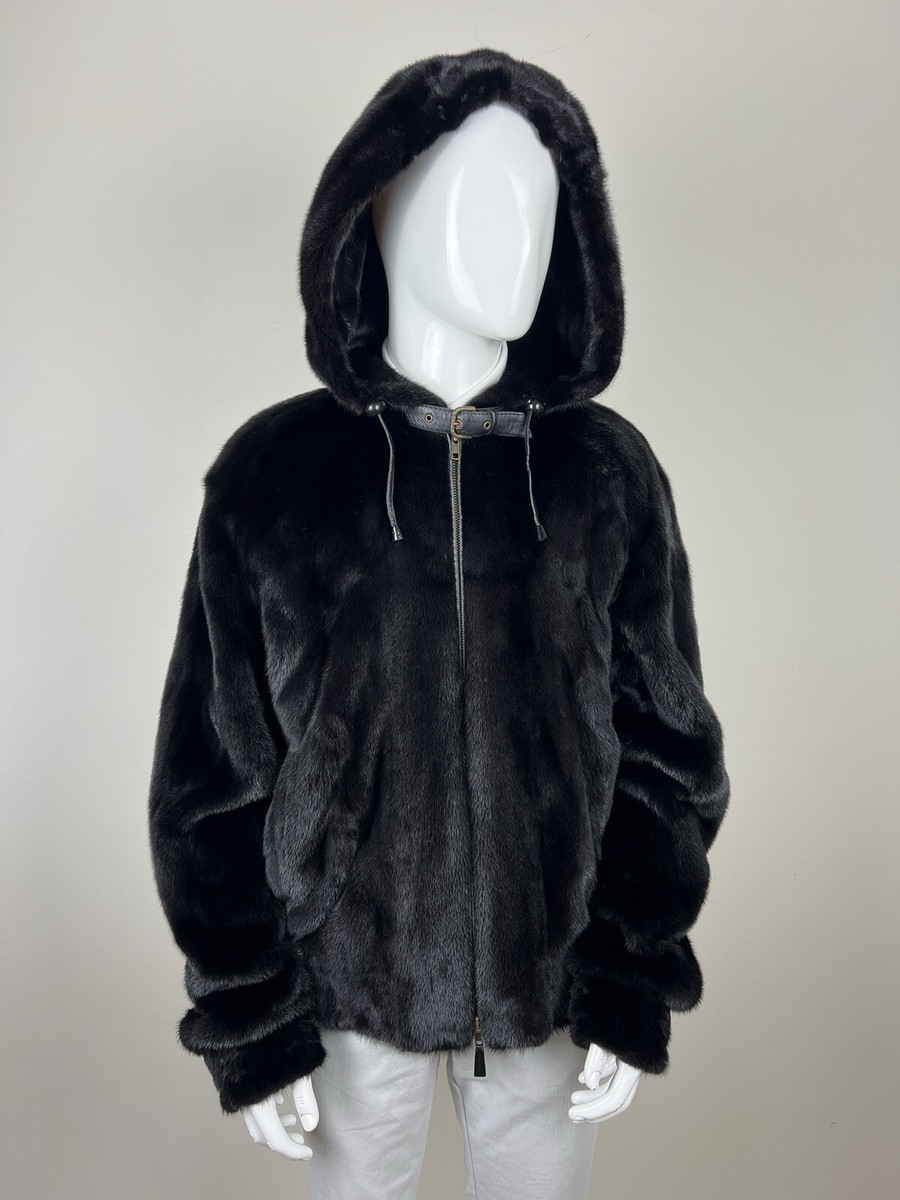 ジャケット・アウター BLACKGLAMA Men's BLACKGLAMA Real Mink Fur Hooded Zip Bomber Jacket Coat Black