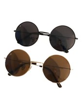 Jhon Lennon Style Sunglasses Circle Round Dark Brown Lenses Metal Frame Men.