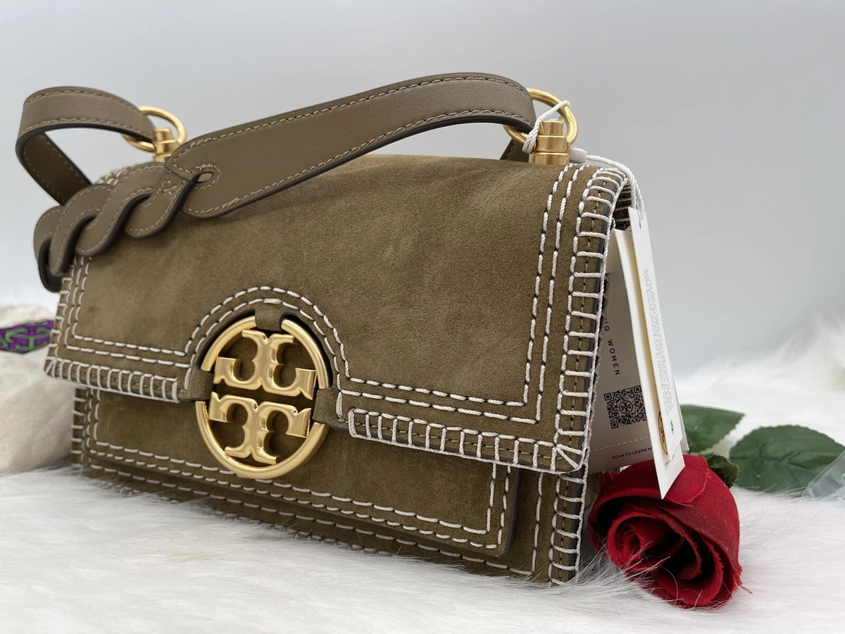 AUTH NWT $658 Tory Burch Miller Logo Plaque Whipstitch Trim Suede Shoulder  Bag