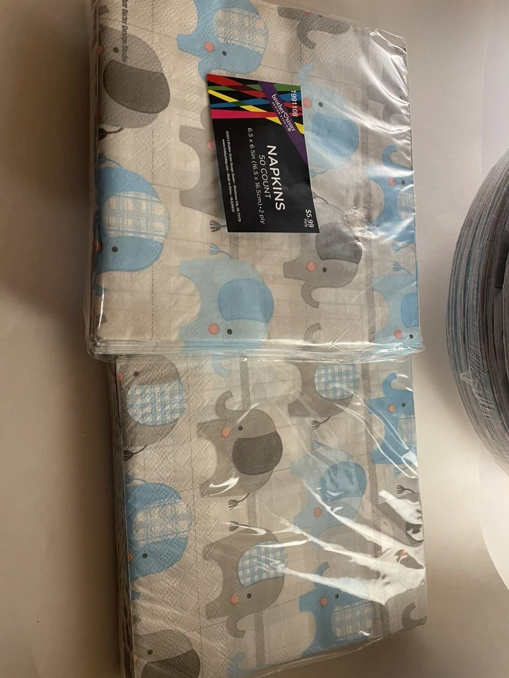 Suministros de fiesta de ducha para bebé niño “Bienvenido pequeño” elefantes con gris y azul Foto 4 de 4