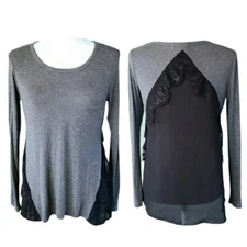 Pebble and Stone Grey Black Mixed Material Lace Long Sleeve Top Size Small