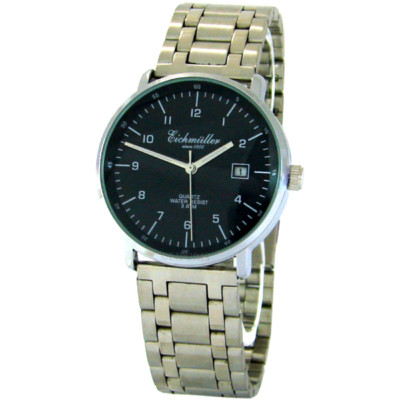 Eichmüller Herrenuhr Quarz Analog Edelstahlband Datum schwarz Stil Bauhaus 38 mm