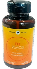 Vitamin World - D3 25MCG for Bone Health / Immune Support - 250 Softgels - 01/25