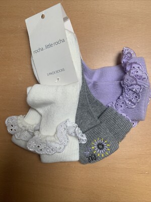 Rocha Little Rocha Baby Socks, 1-2 Years, Frilly Cotton , Cream Lilac Grey, X 3