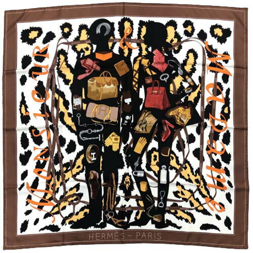 HERMES 90cm Silk Scarf Monsieur et Madame Brown White Multicolor with Original Box R1799-image