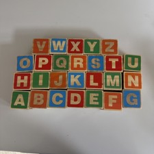 Vintage Wooden Blocks Alphabet Animals Numbers Picture Building Blocks Set of 26