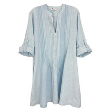 MADEWELL Pleated Splitneck Mini Shirtdress XL Stripe Blue White Long Slv NWT B61