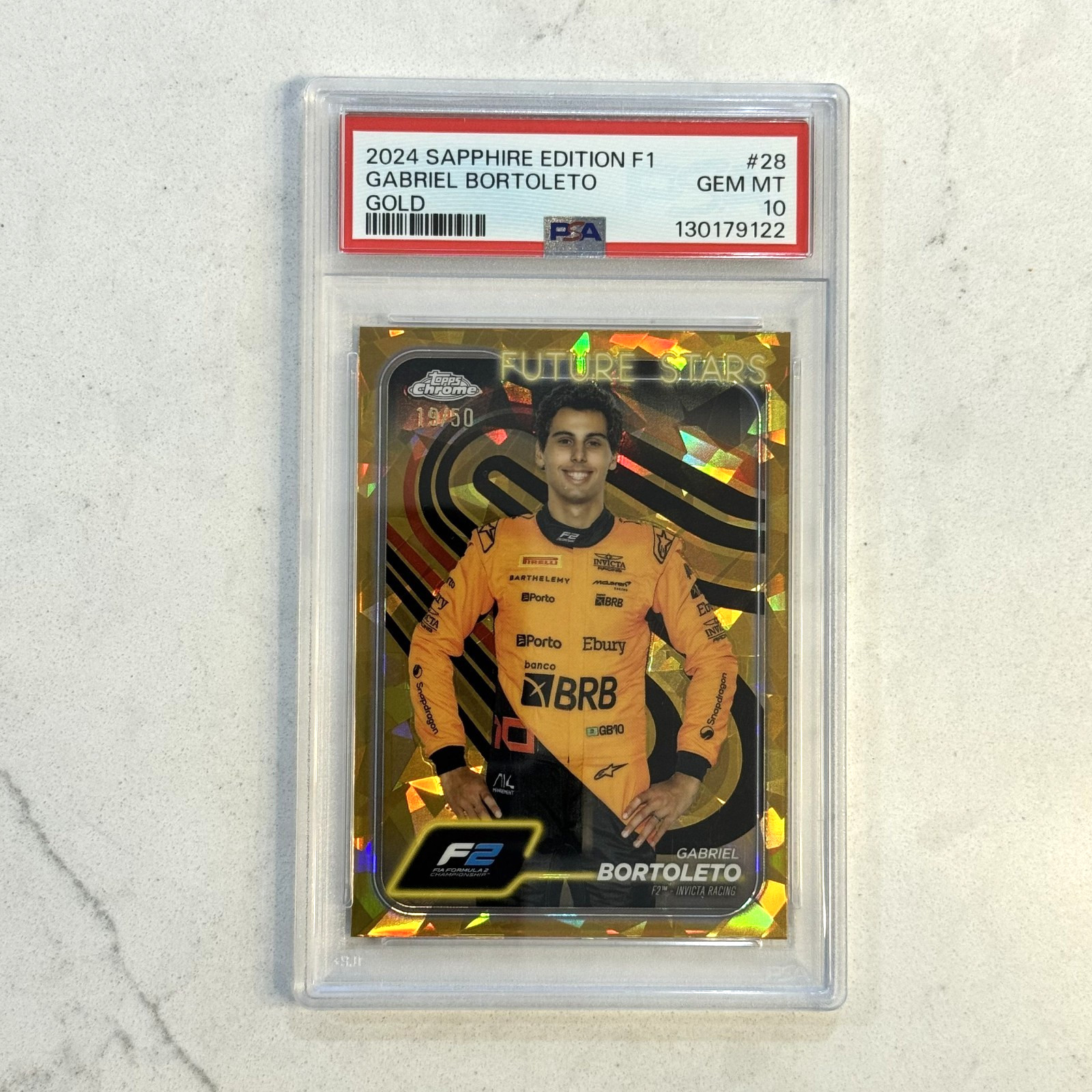 2024 Topps Chrome Formula 1 F1 #28 GABRIEL BORTOLETO Sapphire Gold /50 PSA 10