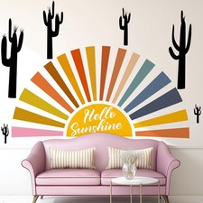 Boho Sun Wall Decals Peel and Stick, Black Cactus Vinyl Wall Stickers, Remova...