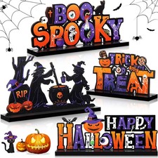 4 Pcs Halloween Wood Table Signs Boo Trick or Treat Centerpieces Wooden Signs wi