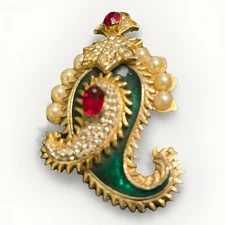 Kenneth Jay Lane KJL Mughal Style Paisley Green Enamel Red Crystal Pearl Brooch